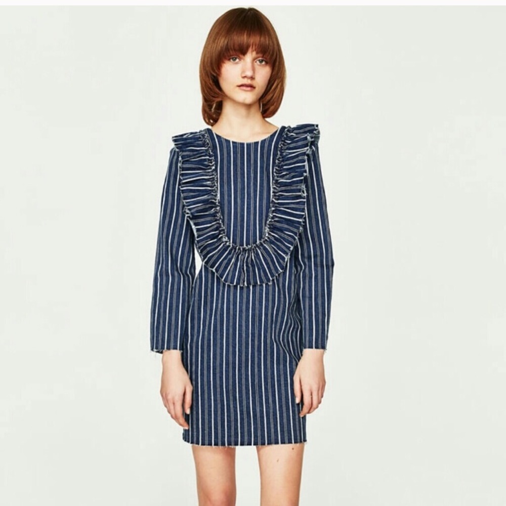 NWT ZARA DENIM DRESS WITH FRILL COLLAR - Picture 2 of 8